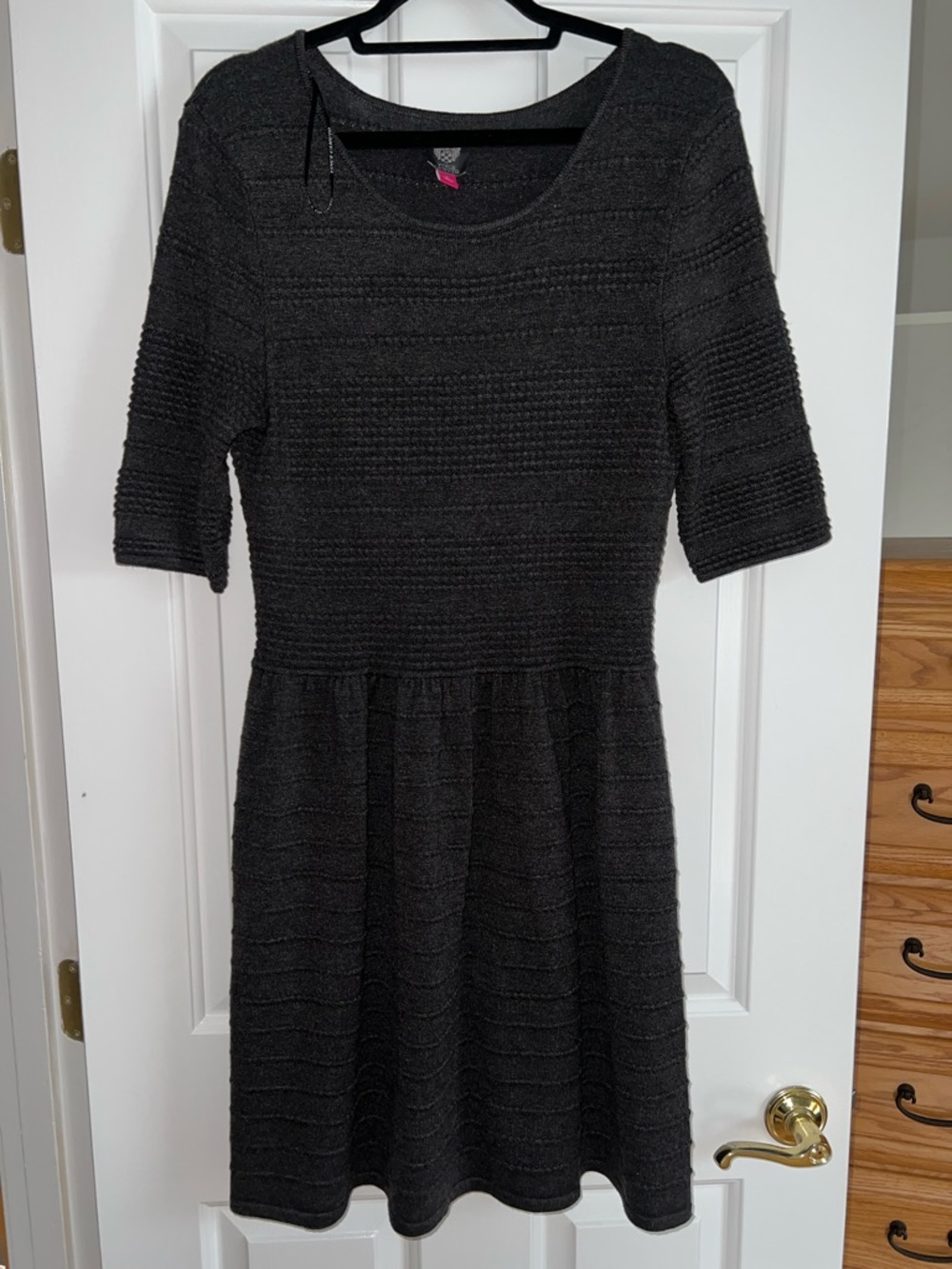 Vince Camuto Black Textured Long Sleeve Fit-and-Flare Dress